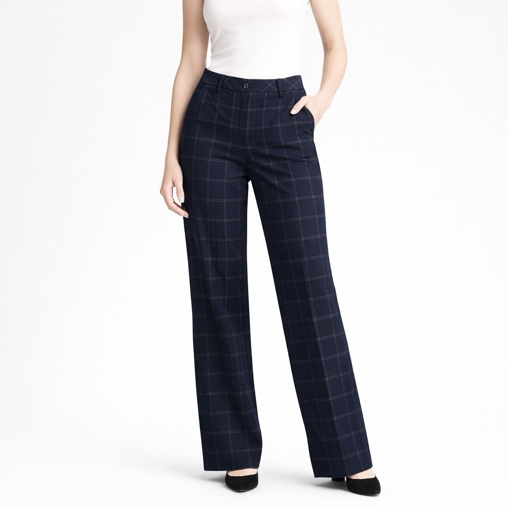 LOFT Plaid Pants Women 2L Navy Windowpane Slim Mid Rise